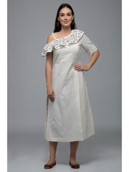 S & V designs - Blue One-Shoulder Frill Side Slit Midi Dress