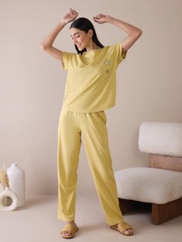 Sweet Dreams - Women Yellow Solid T-Shirt with Pyjama (Set of 2)