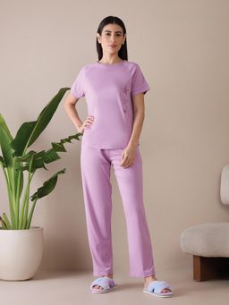 Sweet Dreams - Women Purple Solid T-Shirt with Pyjama (Set of 2)