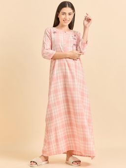 Sweet Dreams - Women Checks Printed Full Sleeves Night Dress