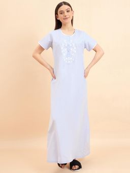 Sweet Dreams - Women Blue Floral Print Half Sleeves Night Dress