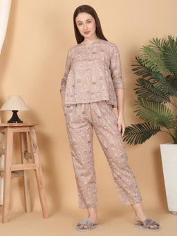 Sweet Dreams - Women Beige Floral Top with Pyjama (Set of 2)
