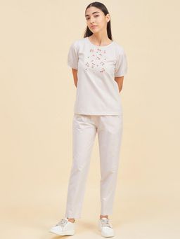Sweet Dreams - Women Beige Half Sleeves Top with Pyjama (Set of 2)