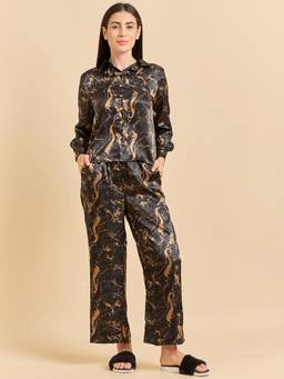 Sweet Dreams - Women Black Printed Front Open Shirt with Pyjama (Set of 2)