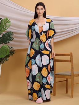 Sweet Dreams - Women Navy Blue Printed Kaftan Night Dress