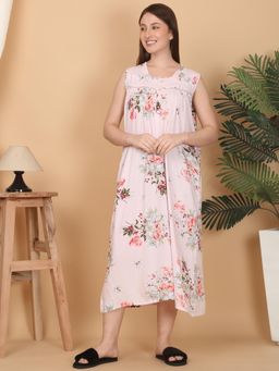 Sweet Dreams - Women Pink Floral Calf Length Night Dress