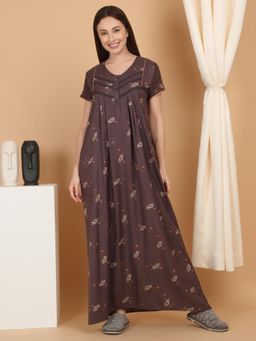 Sweet Dreams - Women Wine Floral Printed Night Dress
