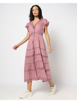 GAP - Mauve Women's Lace Ruffled Sleeve V-Neck Tiered Maxi Dress