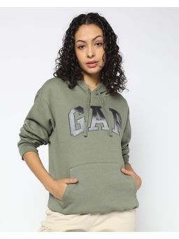 GAP - Women's Olive Cotton Blend Hooded Typography Hoodie