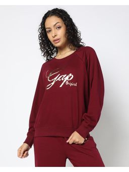 GAP - Women's Burgundy Cotton Blend Crew Neck Typography Sweatshirt