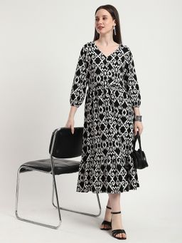 R&B - Black Printed Relaxed Women Midi Dress
