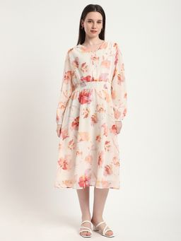 R&B - Off White Floral Regular Women's Midi Dress
