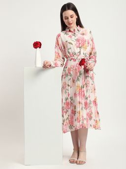 R&B - Peach Floral Regular Women Midi Dress with Belt