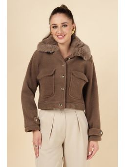 Ayriss - Brown Cropped Faux Fur Collar Jacket