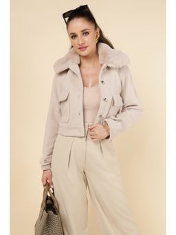 Ayriss - Beige Cropped Faux Fur Collar Jacket
