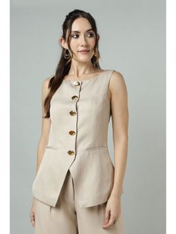 Karen Millen - Beige Linen Viscose Tailored Statement Button Front Waistcoat