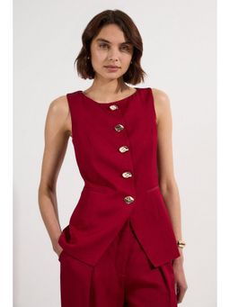 Karen Millen - Red Linen Viscose Tailored Statement Button Front Waistcoat