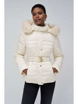 Salsa Jeans - Beige Short Fur Puffer Jacket with Belt