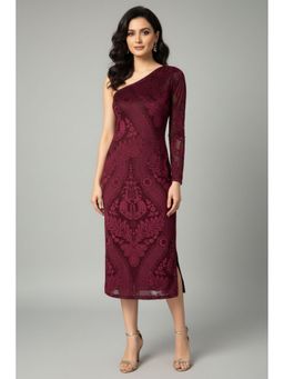 TAMISKA BY NARENDRA KUMAR - Velvet Burnout One-Shoulder Maroon Midi Dress