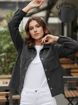 RIGO - Women Regular Fit Dark Grey Corduroy Jacket