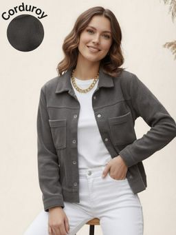RIGO - Women Regular Fit Grey Corduroy Jacket