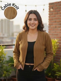 RIGO - Women Regular Fit Cabel Knit Camel Brown Shrug