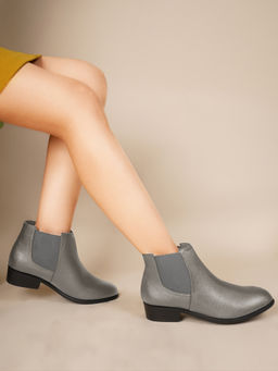 SHUZ TOUCH - Women Mid Top Block Heel Leather Grey Chelsea Boots