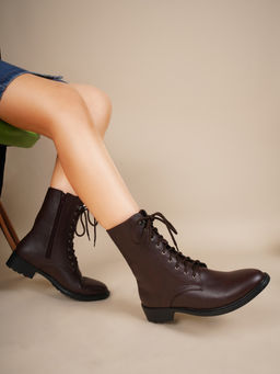 SHUZ TOUCH - Brown Solid Lace Up Casual Boots