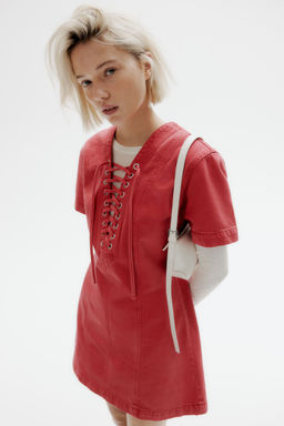 H&M - Women Red Lacing-Detail Denim Dress