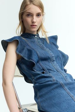 H&M - Women Blue Flounce-Trimmed Denim Dress