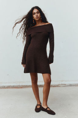 H&M - Women Brown Rib-Knit Off-The-Shoulder Dress