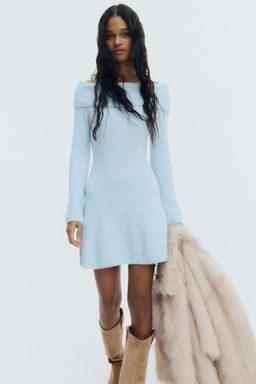 H&M - Women Blue Rib-Knit Off-The-Shoulder Dress