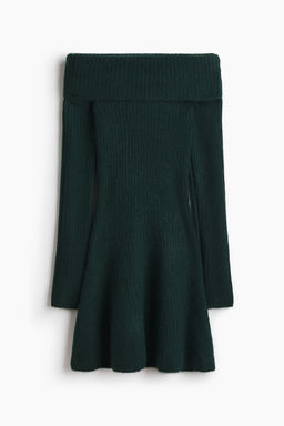 H&M - Women Green Rib-Knit Off-The-Shoulder Dress