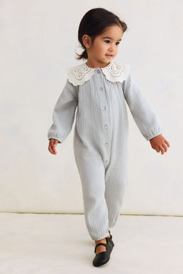 H&M - Girls Grey Cotton Muslin Romper Suit