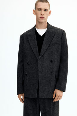 H&M - Men Grey Relaxed Fit Double-Breasted Jacket