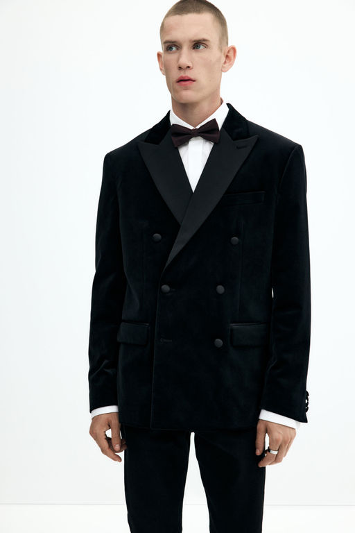 H&M Men Black Regular Fit Double-Breasted Velvet Jacket