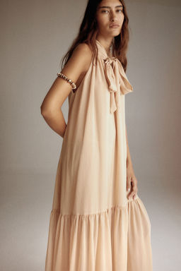 H&M - Women Beige Bow-Collar Maxi Dress