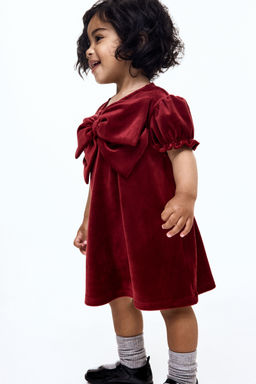 H&M - Girls Red Bow-Detail Velour Dress