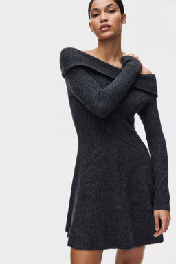 H&M - Women Grey Rib-Knit Off-The-Shoulder Dress