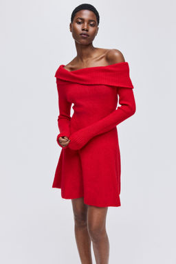 H&M - Women Red Rib-Knit Off-The-Shoulder Dress
