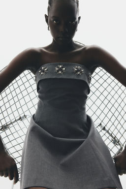 H&M - Women Grey Rhinestone-Embellished Bandeau Dress