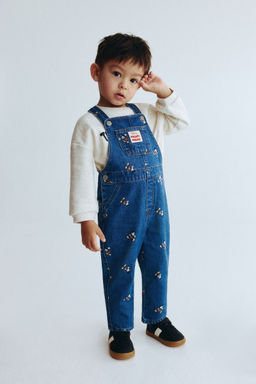 H&M - Boys Blue Printed Denim Dungarees