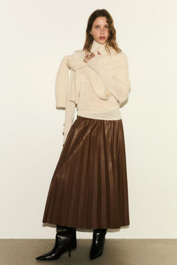H&M - Women Brown Coated Plissa Skirt