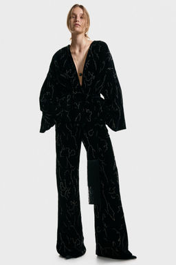 H&M - Women Black Embroidered Velvet Trousers