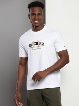 Tommy Hilfiger - White Embroidered Logo Regular Fit Cotton T-Shirt