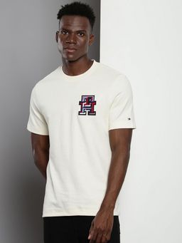 Tommy Hilfiger - Cream Embroidered Logo Regular Fit Cotton T-Shirt
