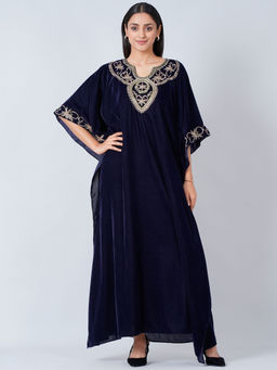 First Resort by Ramola Bachchan - Navy Blue Gold Embroidered Silk Velvet Full Length Kaftan