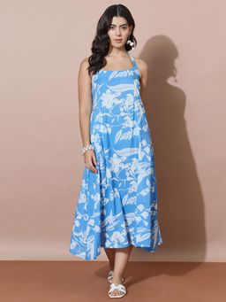Varanga - Blue Tropical Blossom Halter Neck Backless Dress