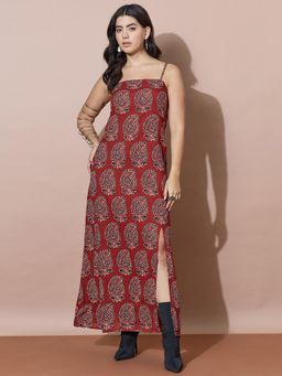 Varanga - Rust Ajrakh-Inspired Paisley Print Dress Featuring A Back Tie-Up