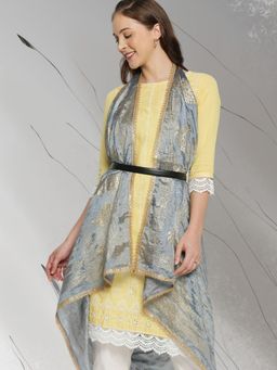 Dupatta Bazaar - Women's Gold Printed Grey Silk Dupatta